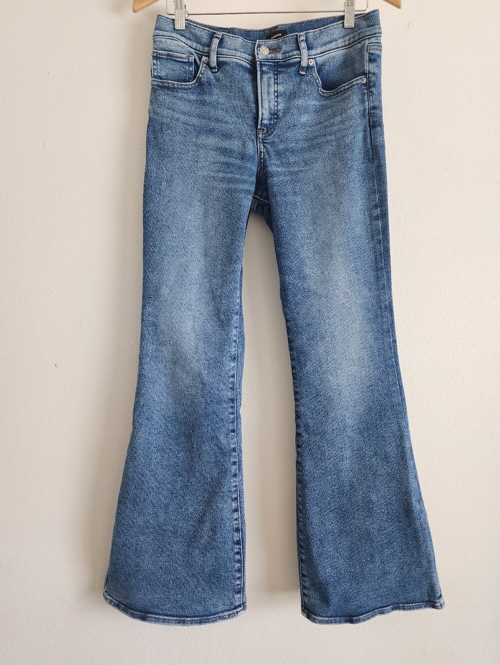 Express 70s Flare Jeans Mid Rise Blue Denim Boho Retro Stretch Size 8R Women - Picture 2 of 14